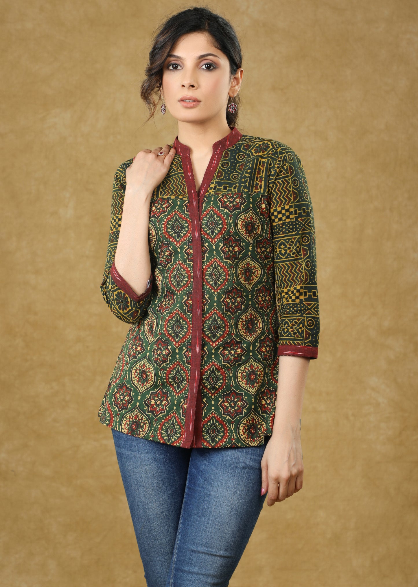 Green Ajrakh Combination Cotton Blend Top with Maroon Border