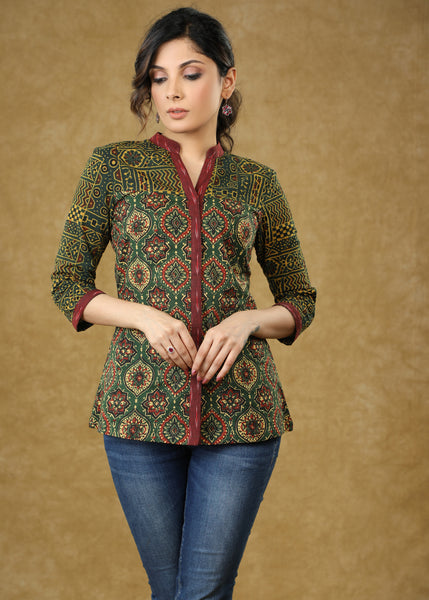 Green Ajrakh Combination Cotton Blend Top with Maroon Border