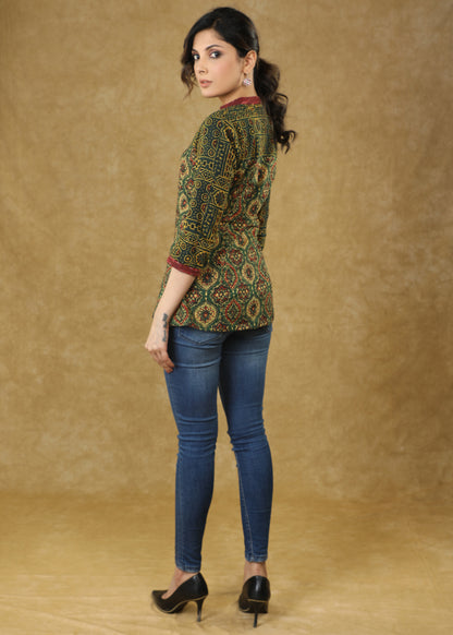 Green Ajrakh Combination Cotton Blend Top with Maroon Border