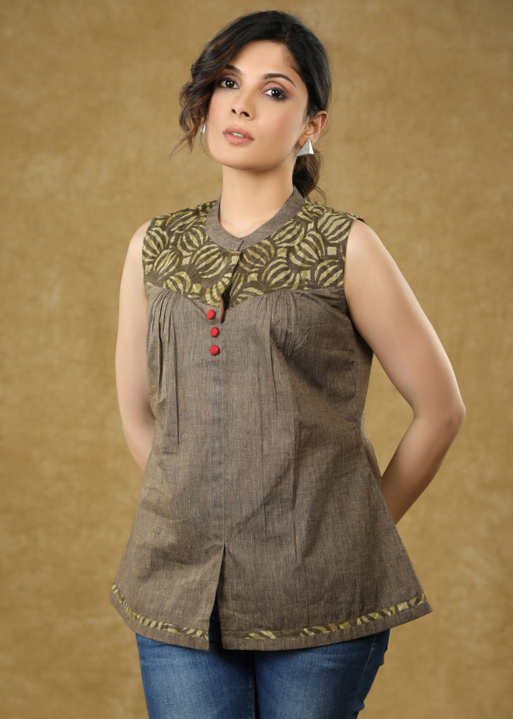 Exclusive Cotton Light Brown Sleevless Top with Ajrakh Detailing in the Neck & Shoulder