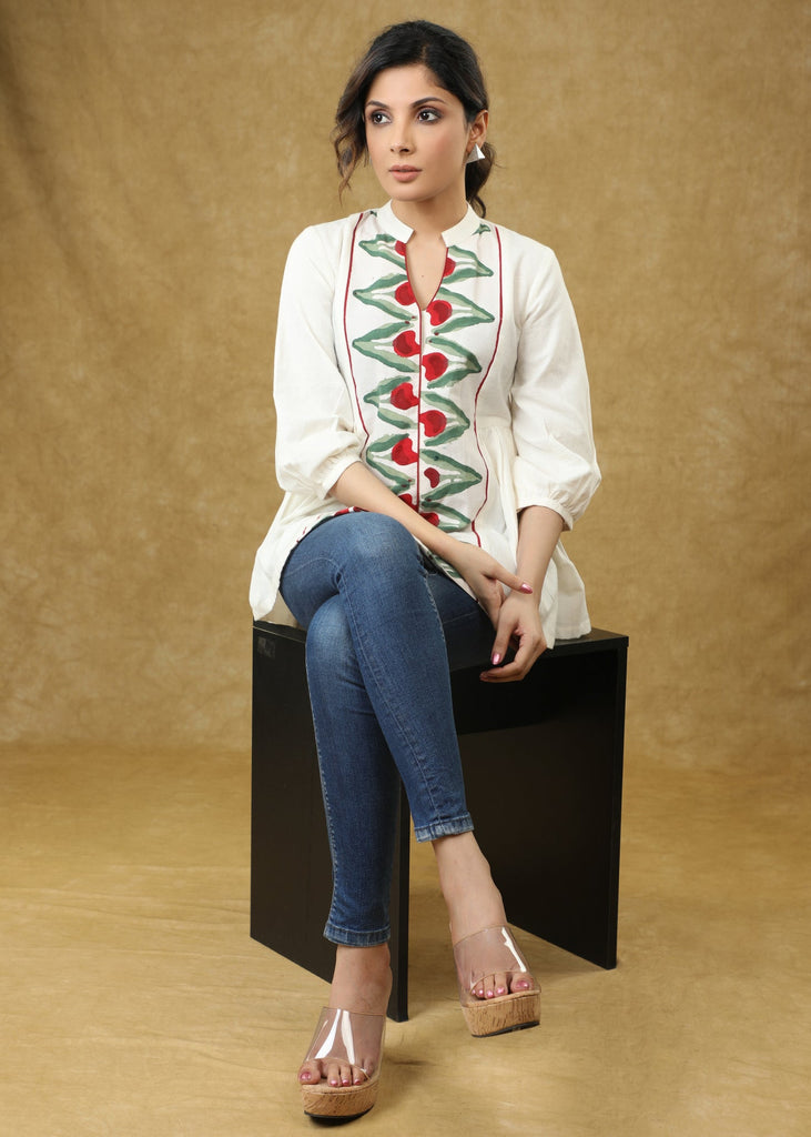 Classy White Block Printed Cotton Top