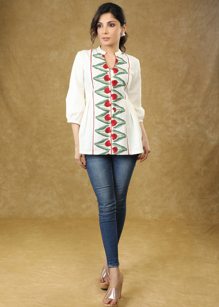 Classy White Block Printed Cotton Top