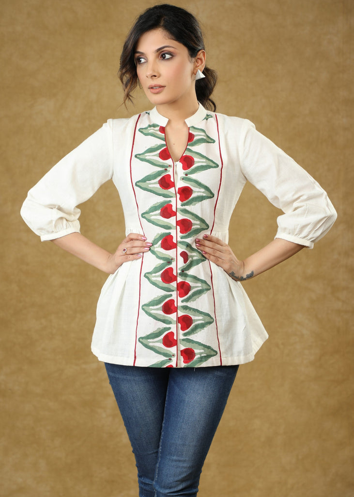 Classy White Block Printed Cotton Top
