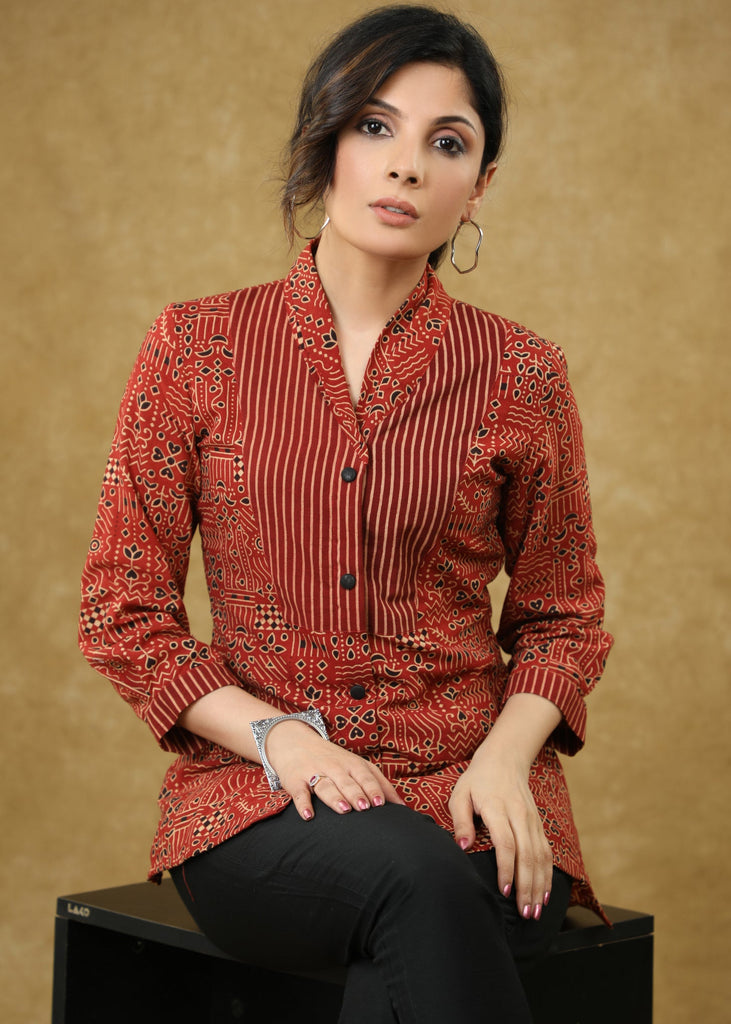 Classy Maroon Combination Cotton Top with Line Yoke & Mandarin Collar