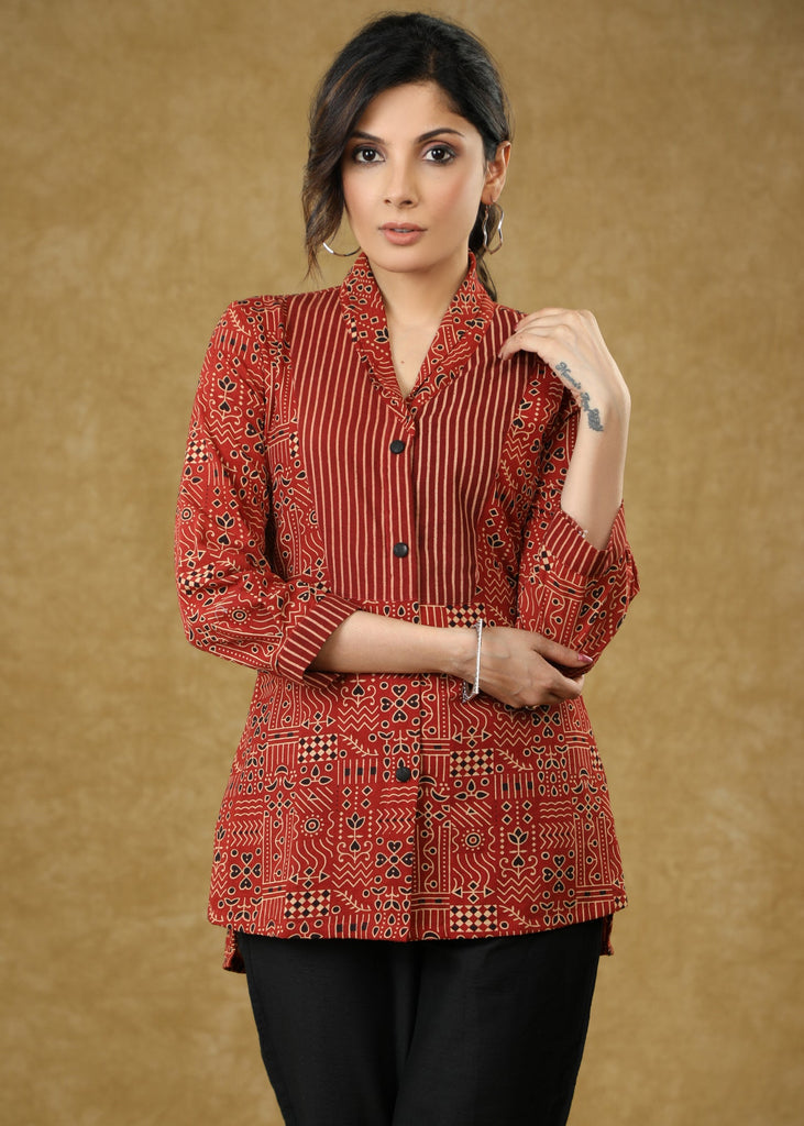 Classy Maroon Combination Cotton Top with Line Yoke & Mandarin Collar