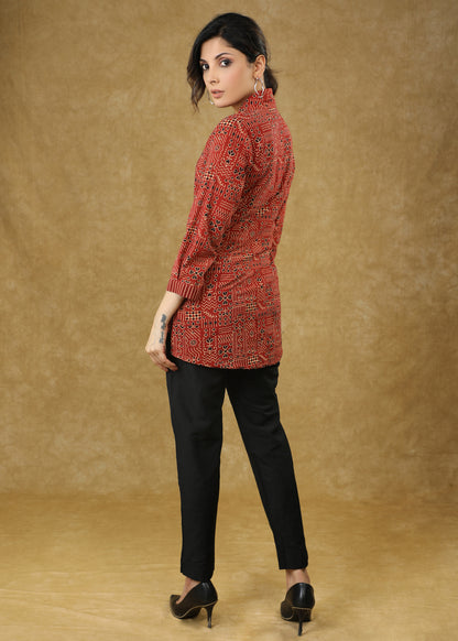 Classy Maroon Combination Cotton Top with Line Yoke & Mandarin Collar