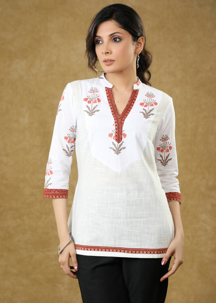 Stylish White Cotton Jaipuri Print Top
