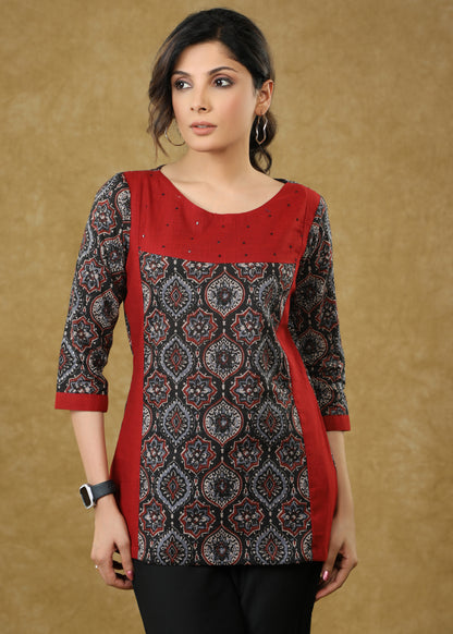 Stylish Maroon Ajrakh Combination Cotton Top