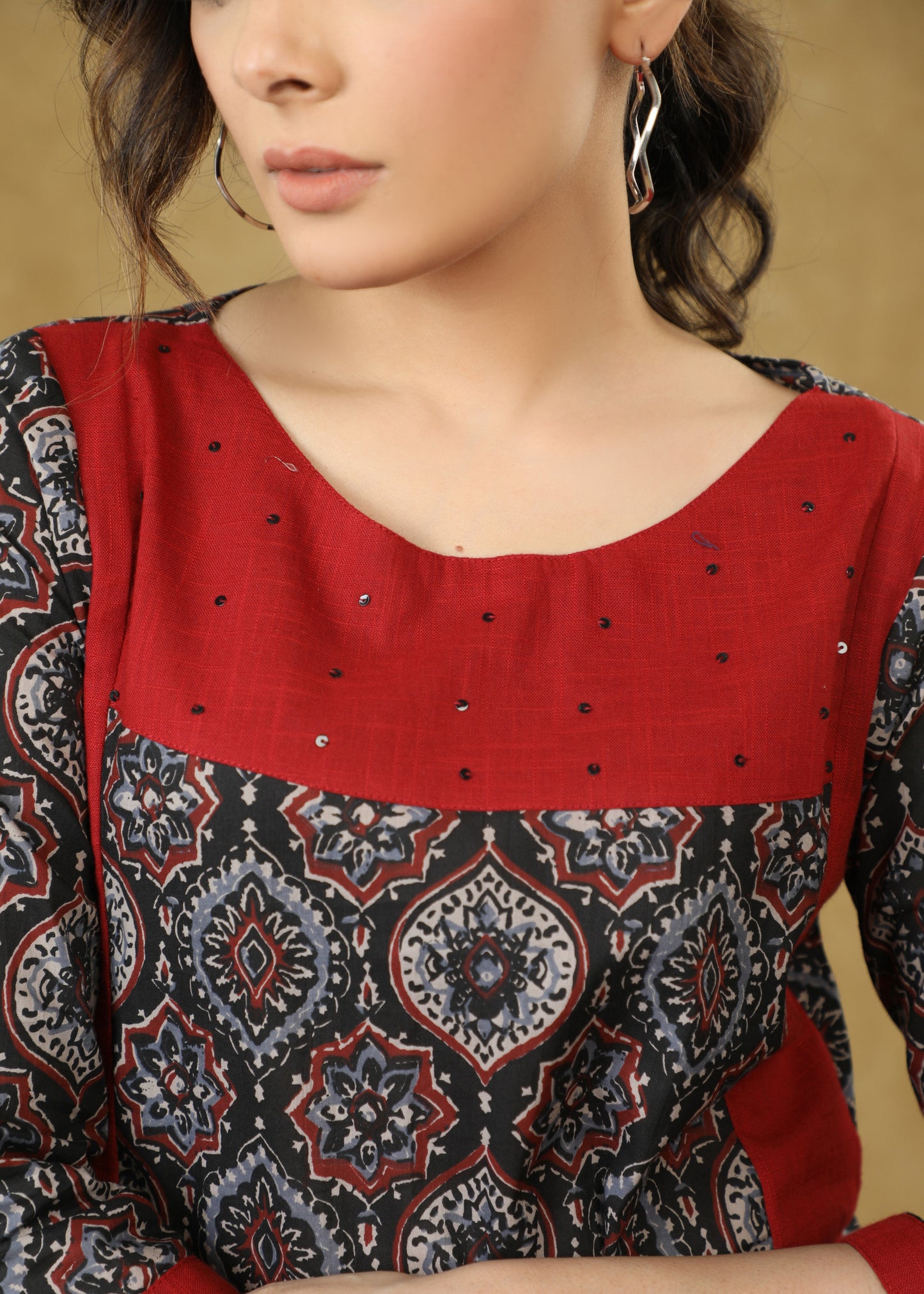 Stylish Maroon Ajrakh Combination Cotton Top