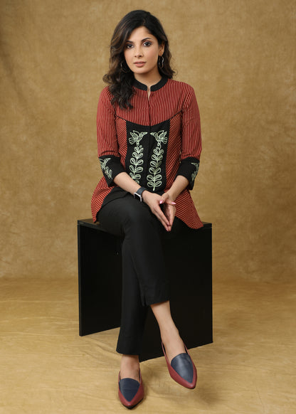 Elegant Gond Painted Maroon Line Ajrakh Top
