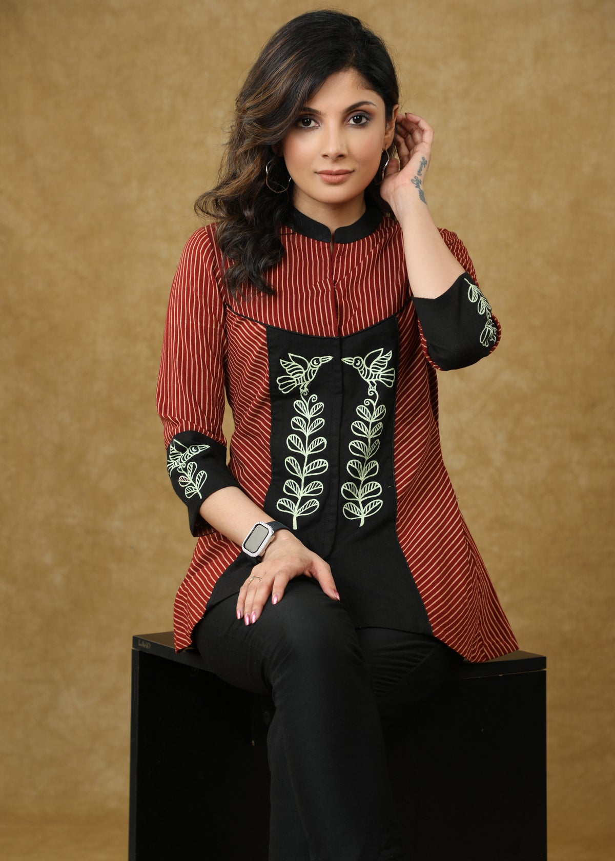 Elegant Gond Painted Maroon Line Ajrakh Top - Pant Optional