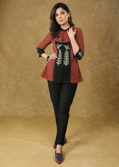 Elegant Gond Painted Maroon Line Ajrakh Top