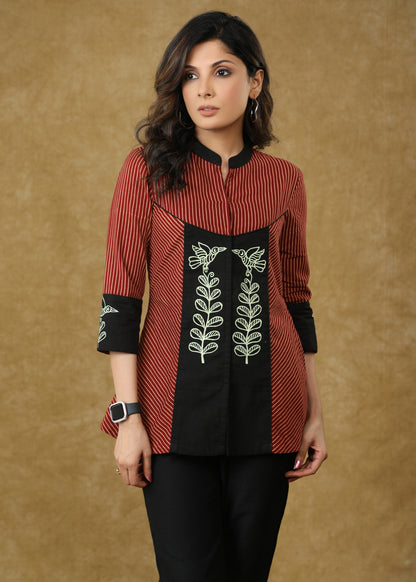 Elegant Gond Painted Maroon Line Ajrakh Top
