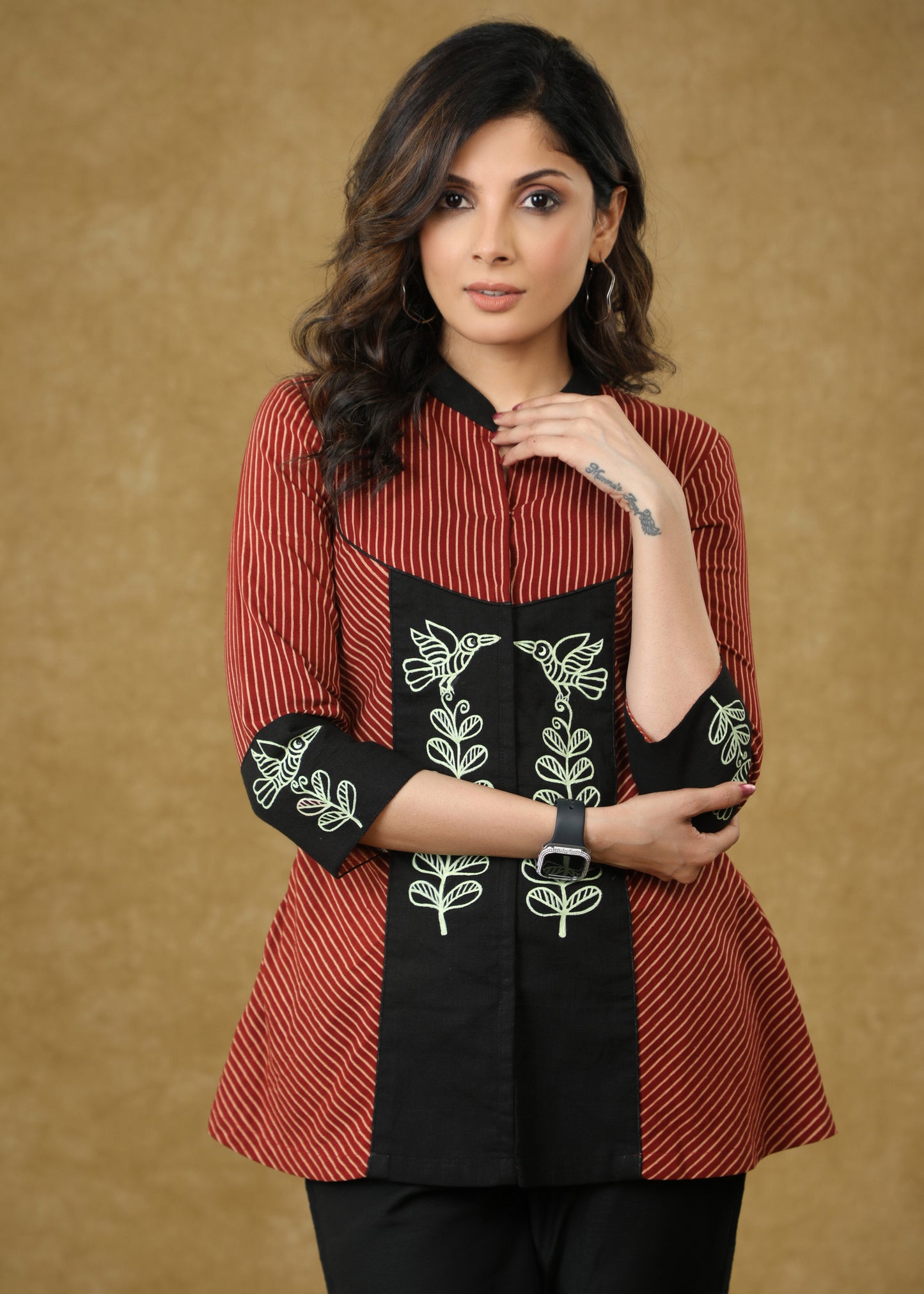 Elegant Gond Painted Maroon Line Ajrakh Top