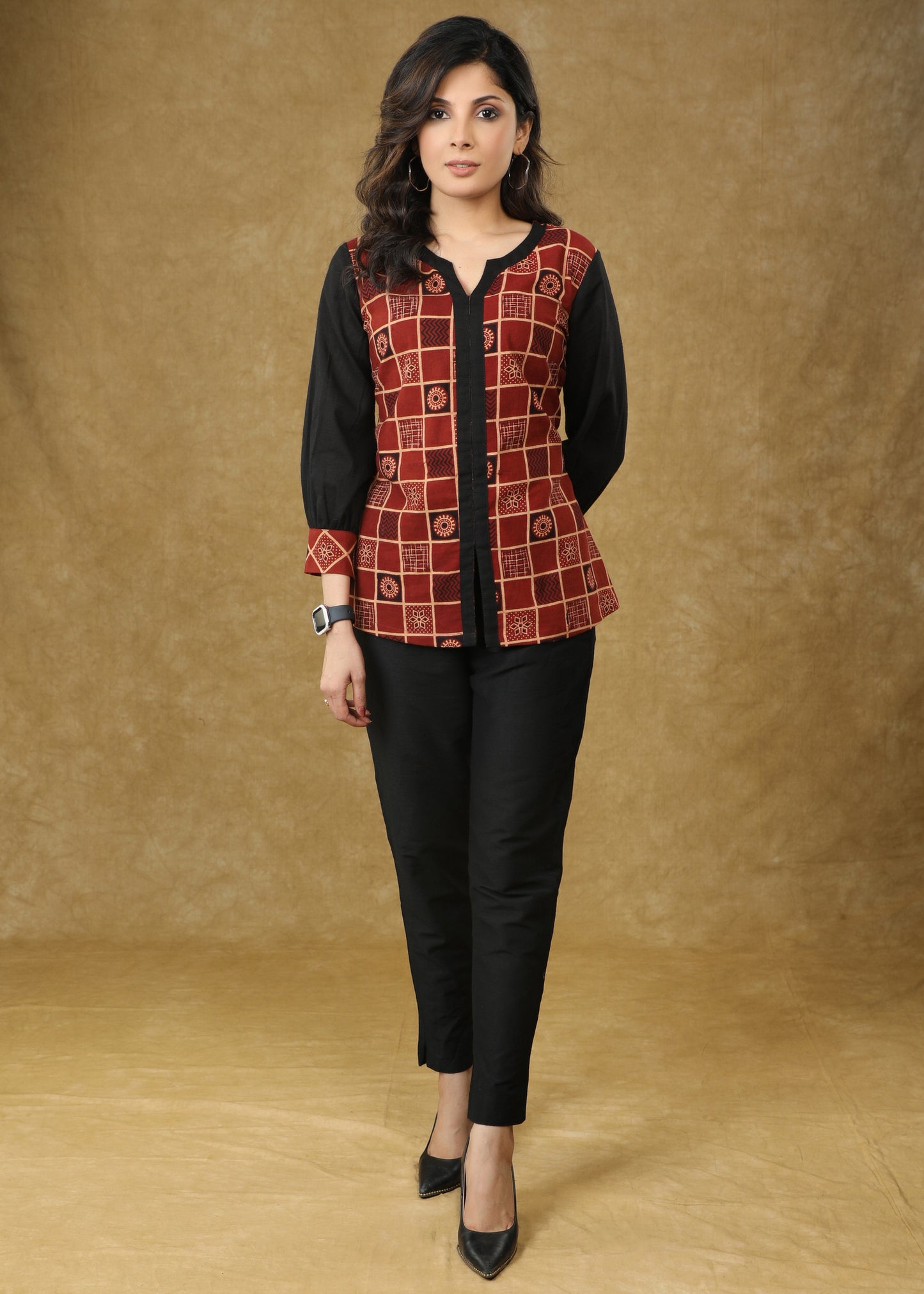 Designer Maroon Ajrakh Top with Black Sleeves
