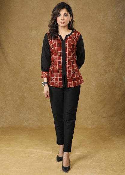Designer Maroon Ajrakh Top with Black Sleeves