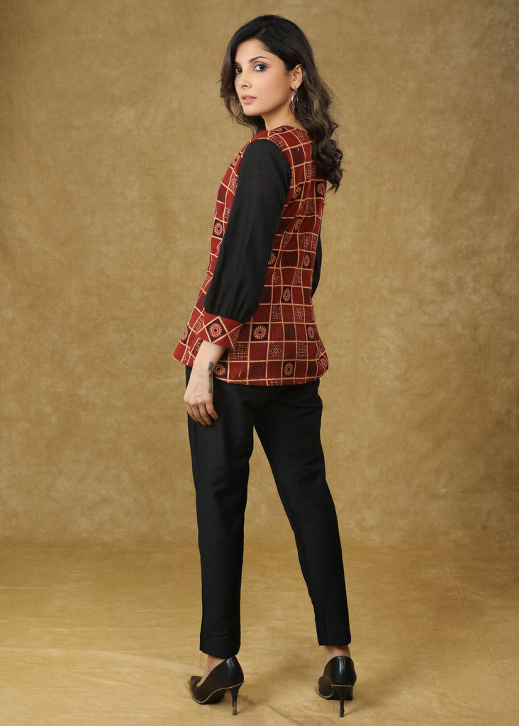 Designer Maroon Ajrakh Top with Black Sleeves