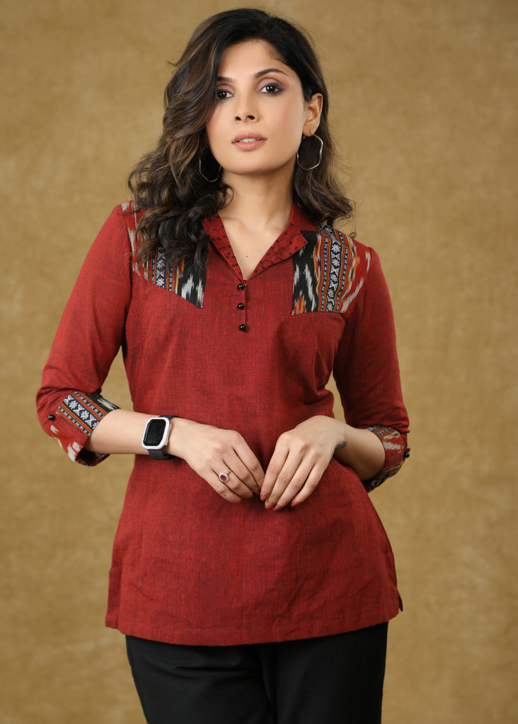Casual Maroon Cotton Top with Ikat Detailing on the Sleeves & Shoulder