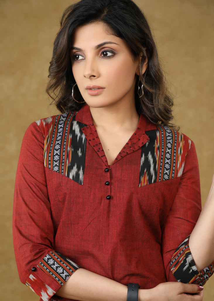 Casual Maroon Cotton Top with Ikat Detailing on the Sleeves & Shoulder