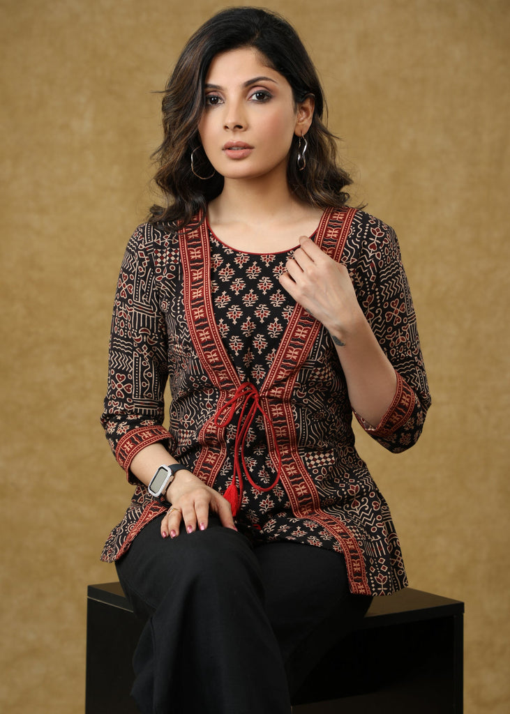 Smart Ajrakh Combination Black Jacket Style Top
