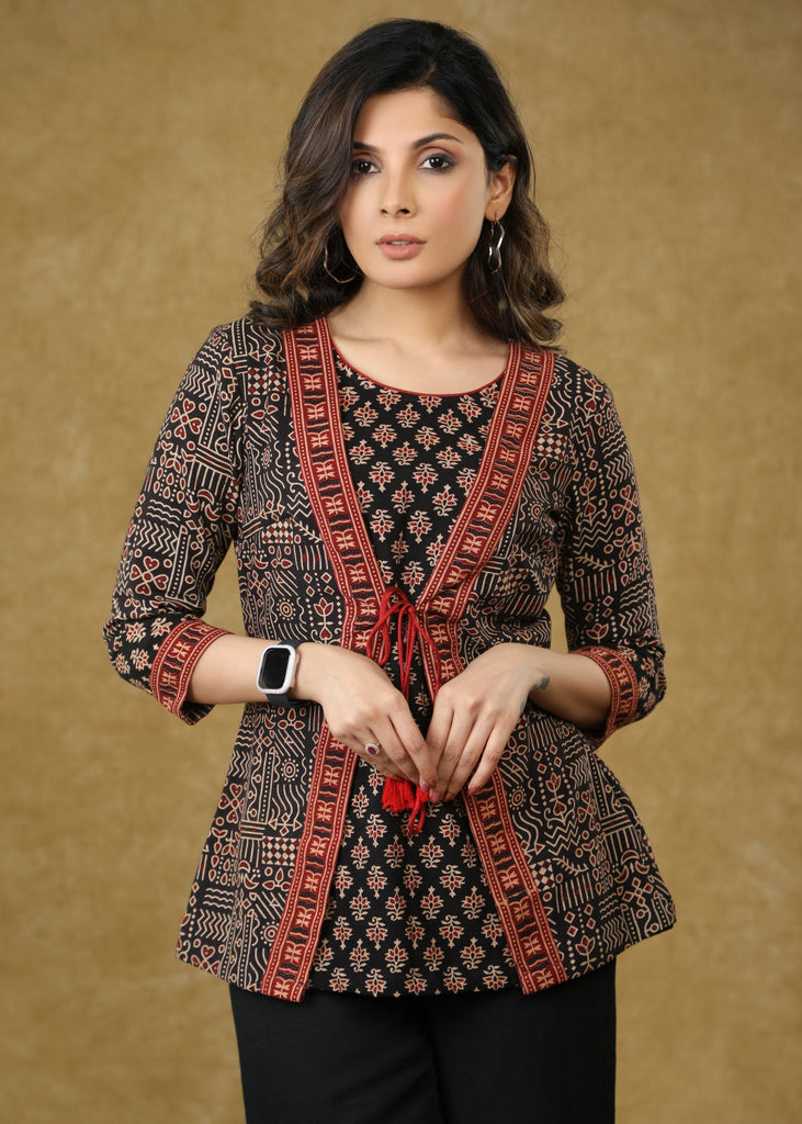 Smart Ajrakh Combination Black Jacket Style Top