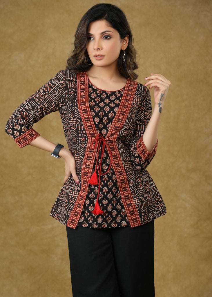 Smart Ajrakh Combination Black Jacket Style Top