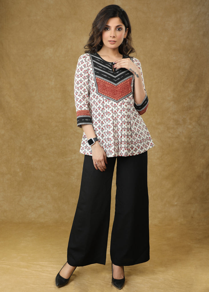Beautiful Off-white Pleated Ajrakh Ikat Combination Top