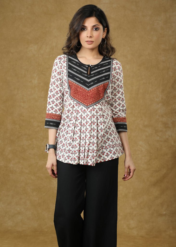 Beautiful Off-white Pleated Ajrakh Ikat Combination Top