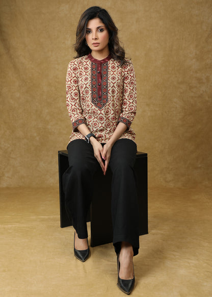 Trendy Cream Block Printed Cotton Top with Ikat & Ajrakh Detailing