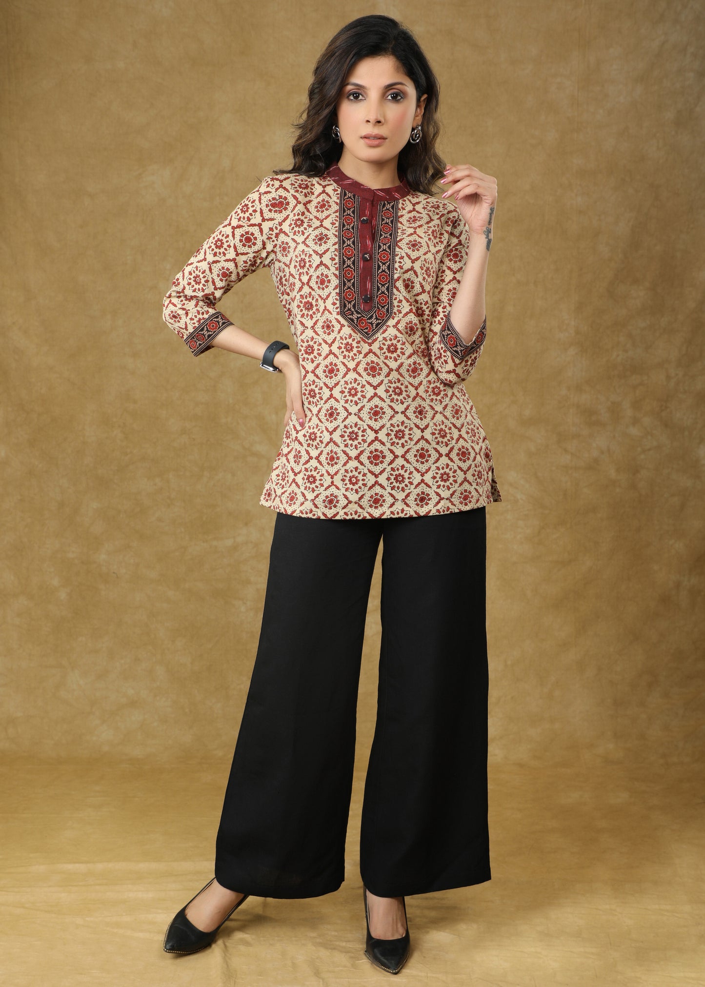 Trendy Cream Block Printed Cotton Top with Ikat & Ajrakh Detailing