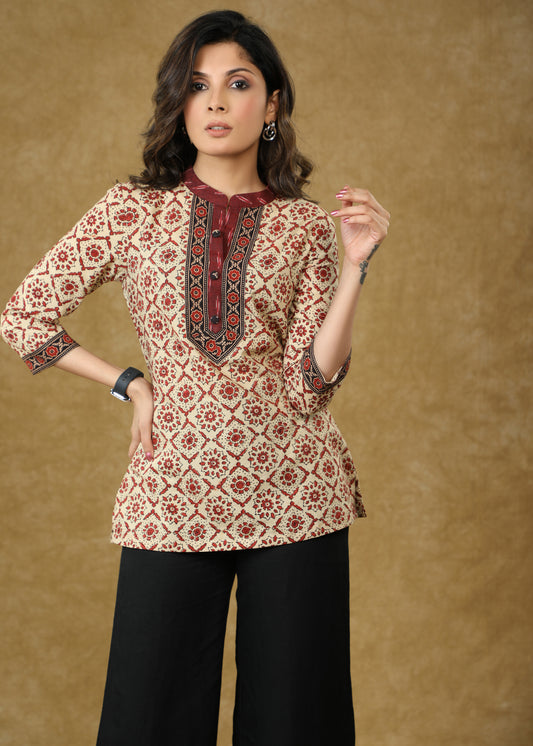Trendy Cream Block Printed Cotton Top with Ikat & Ajrakh Detailing