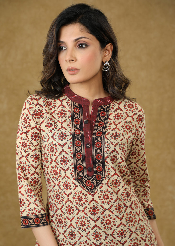 Trendy Cream Block Printed Cotton Top with Ikat & Ajrakh Detailing