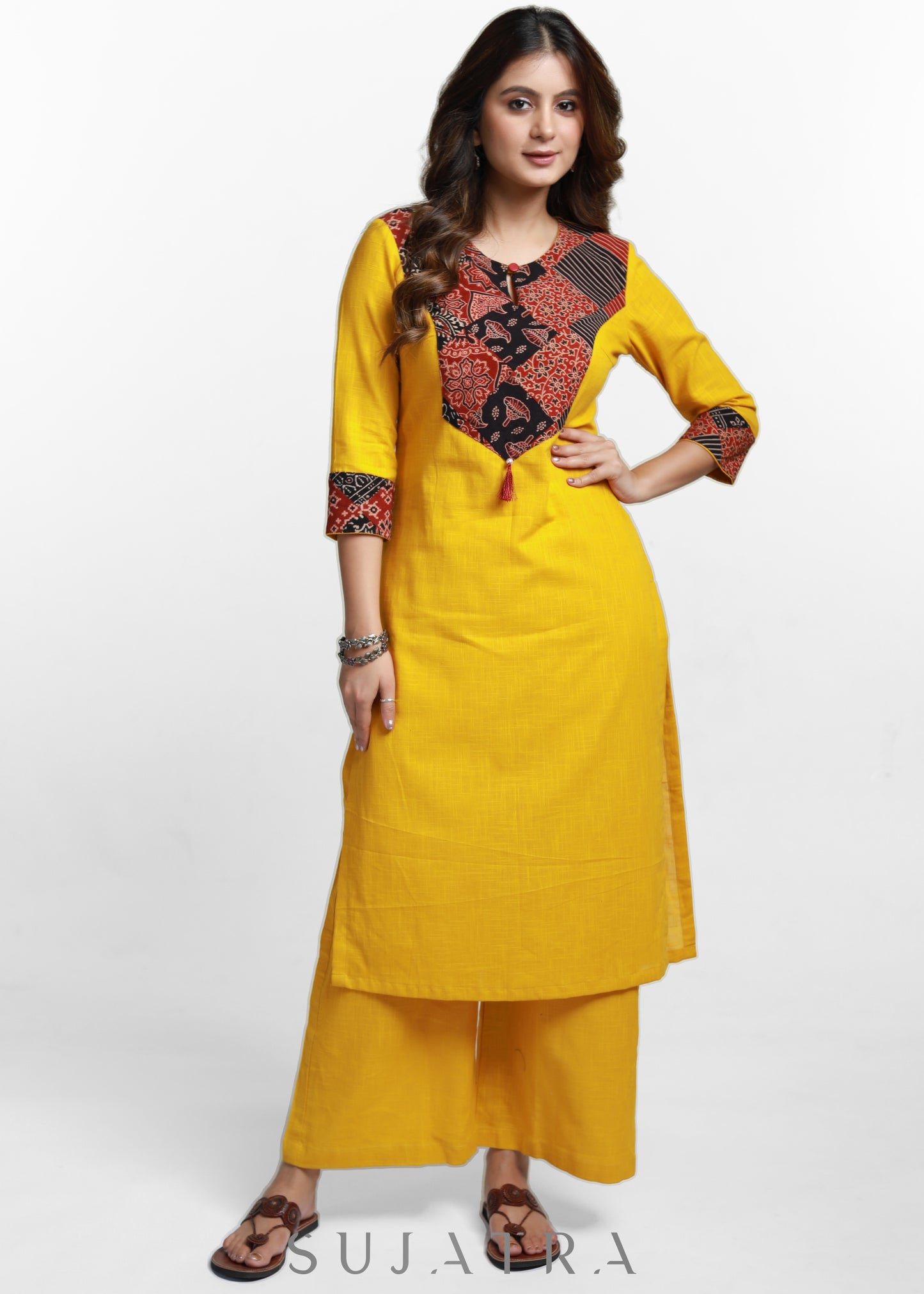 Mustard Cotton Ajrakh Patch Work Kurta-Pant Optional