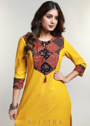 Mustard Cotton Ajrakh Patch Work Kurta -Pant Optional
