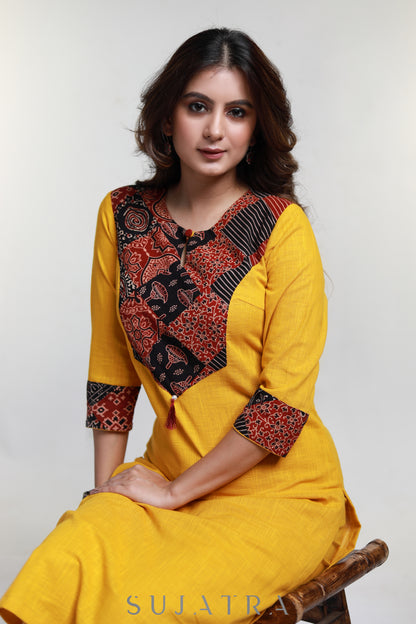 Mustard Cotton Ajrakh Patch Work Kurta-Pant Optional