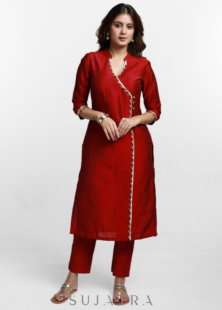Maroon Cotton Silk Straight Kurta-Pant Optional