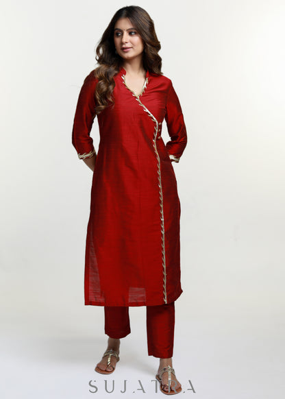 Maroon Cotton Silk Straight Kurta-Pant Optional