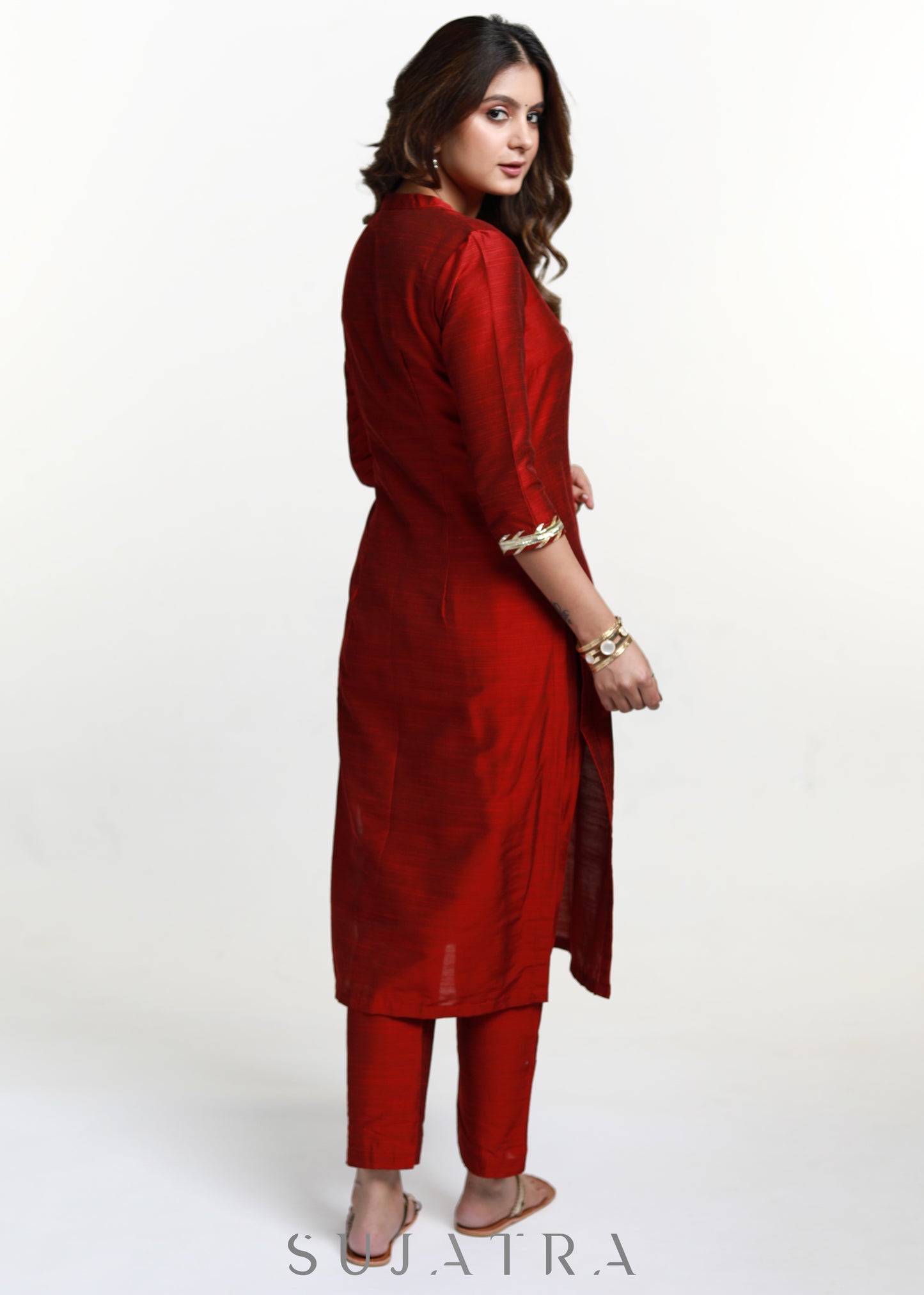 Maroon Cotton Silk Straight Kurta-Pant Optional