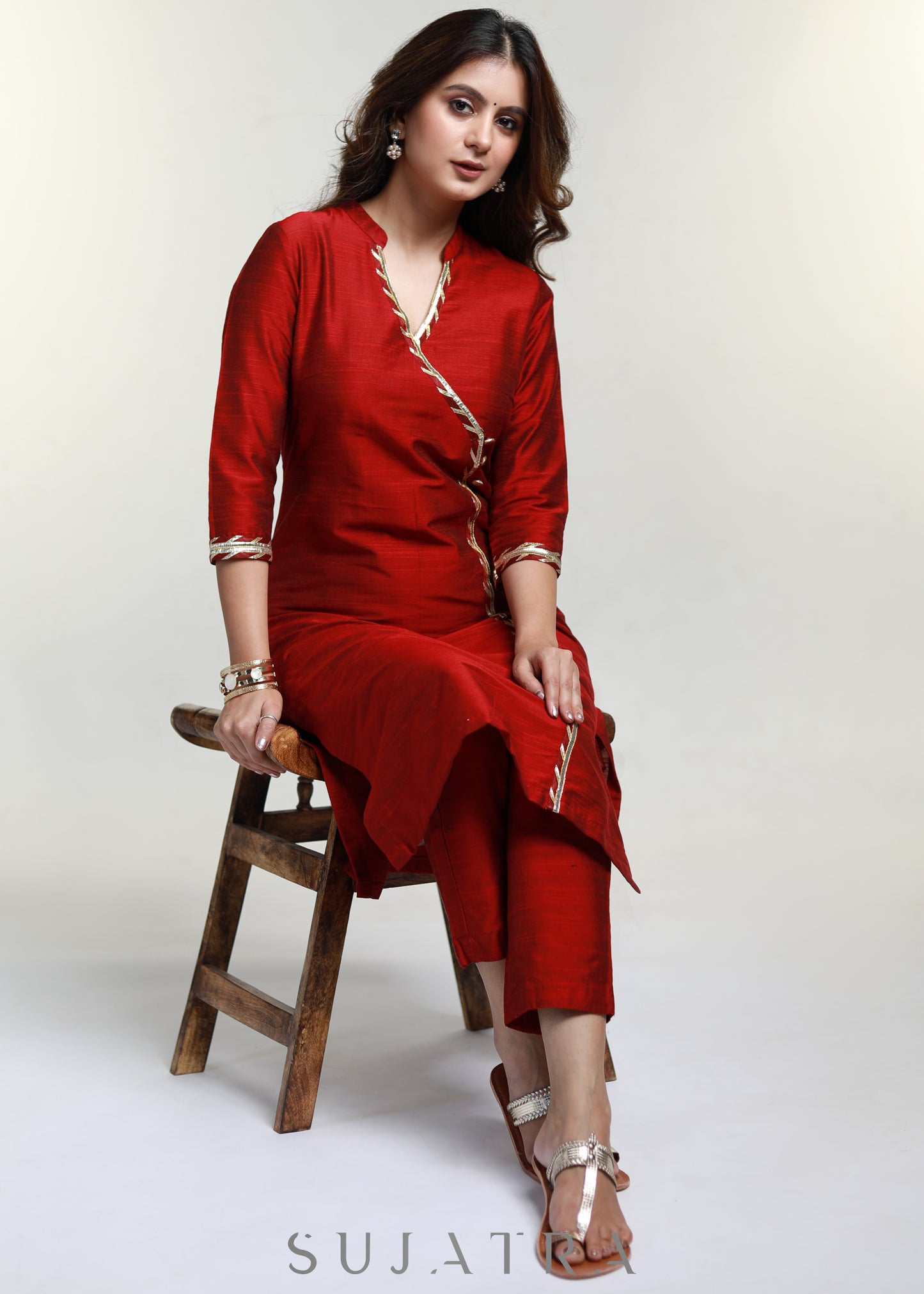 Maroon Cotton Silk Straight Kurta-Pant Optional