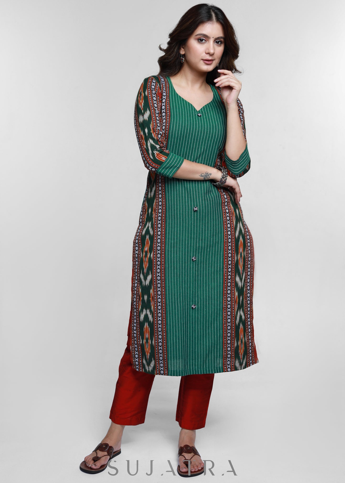 Green Cotton Ikat Combination Kurta-Pant Optional