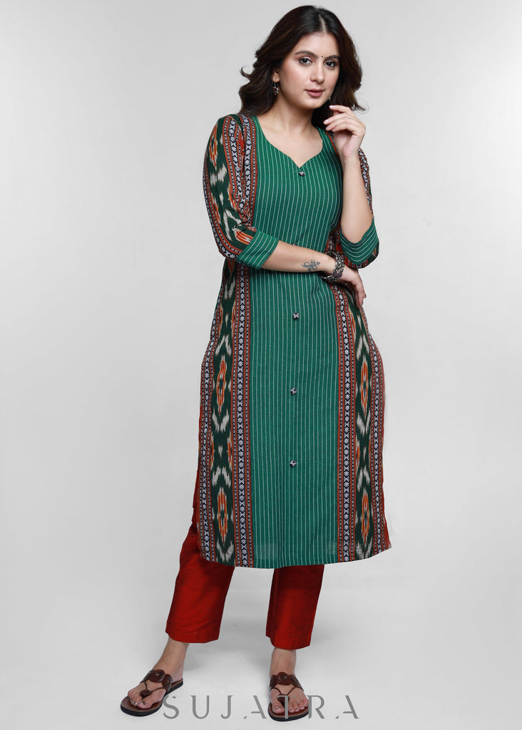 Green Cotton Ikat Combination Kurta-Pant Optional