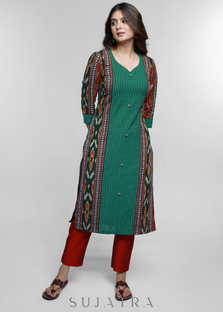 Green Cotton Ikat Combination Kurta-Pant Optional