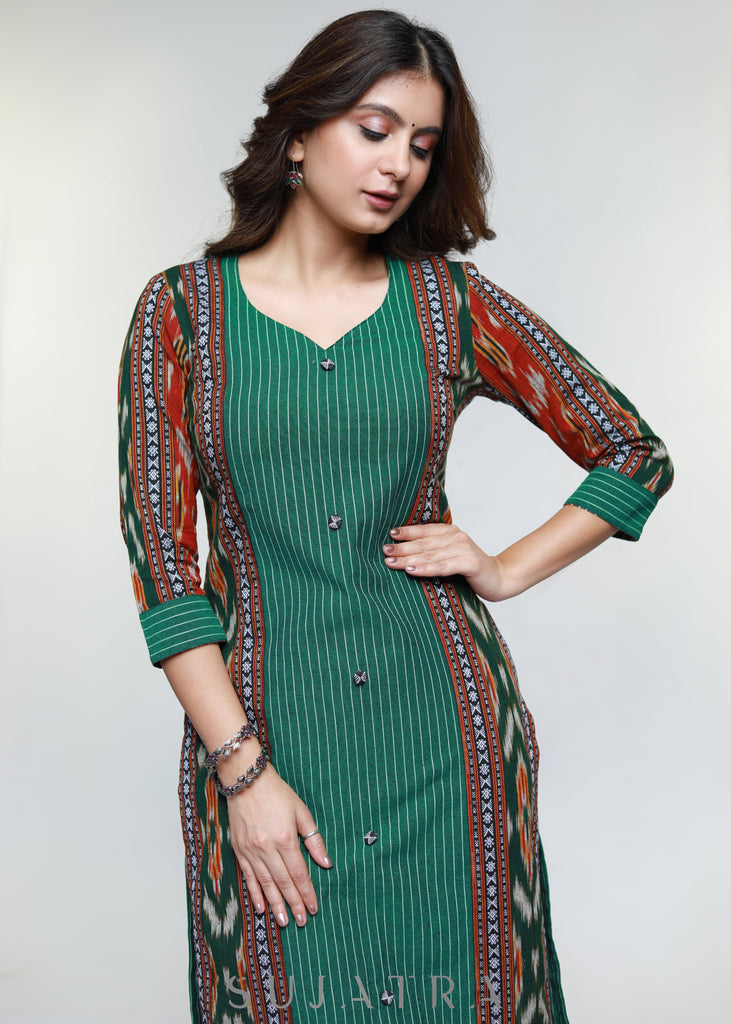 Green Cotton Ikat Combination Kurta-Pant Optional