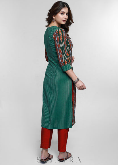 Green Cotton Ikat Combination Kurta-Pant Optional