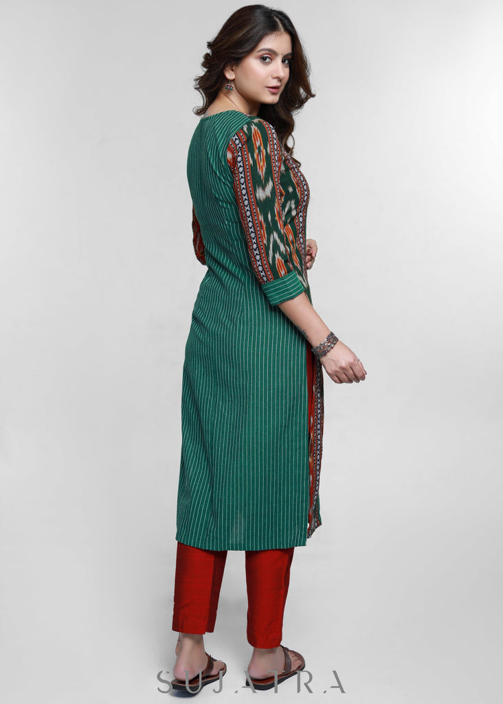 Green Cotton Ikat Combination Kurta-Pant Optional