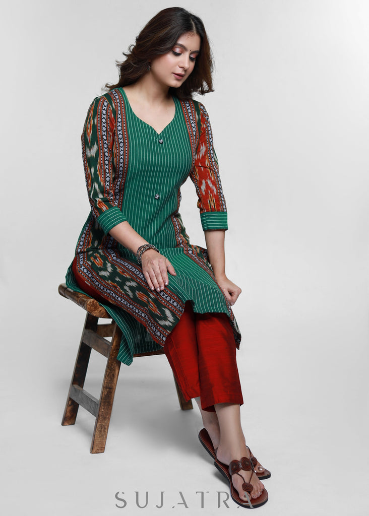 Green Cotton Ikat Combination Kurta-Pant Optional