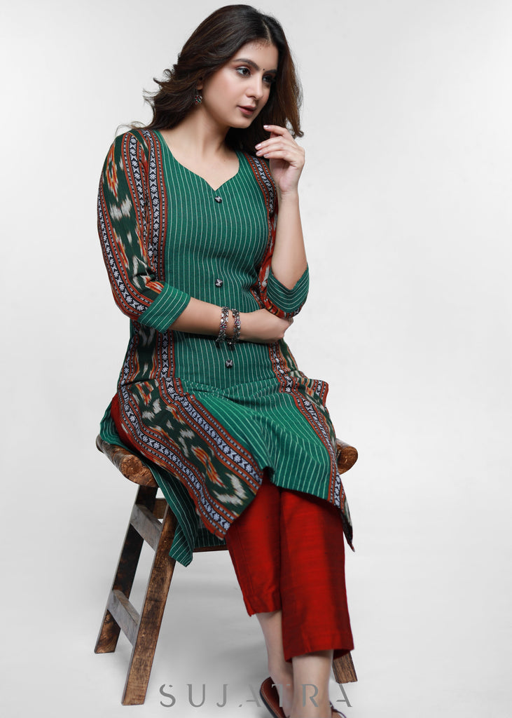 Green Cotton Ikat Combination Kurta-Pant Optional