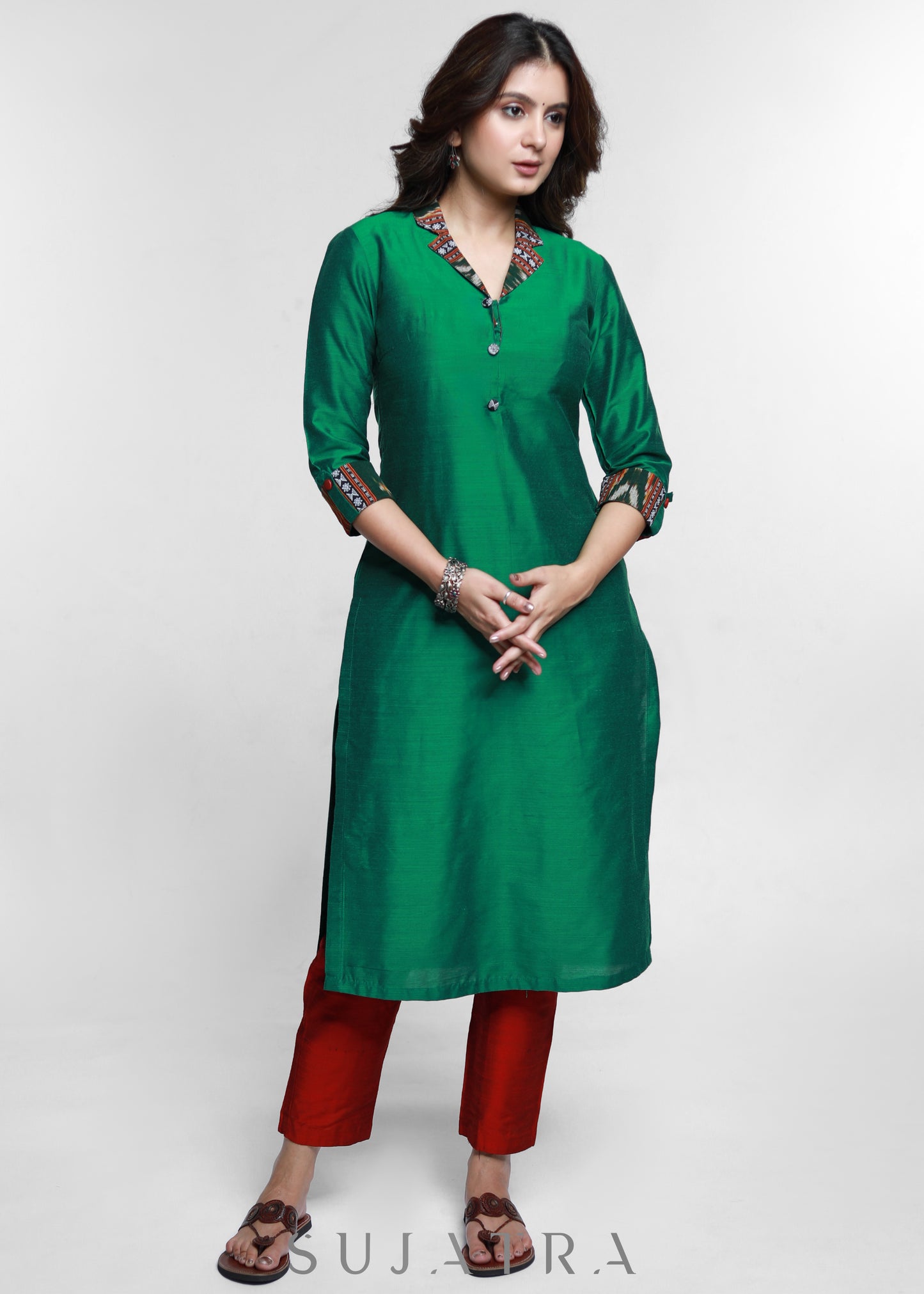 Green Cotton Silk Kurta with Ikat Collar-Pant Optional