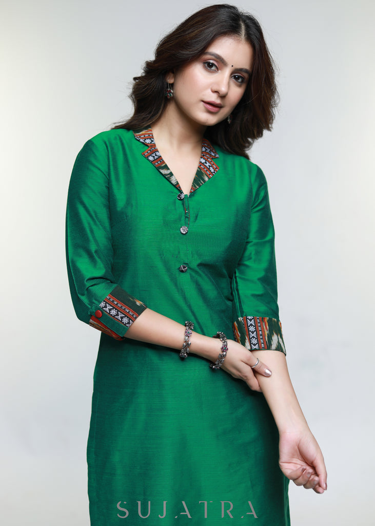Green Cotton Silk Kurta with Ikat Collar-Pant Optional