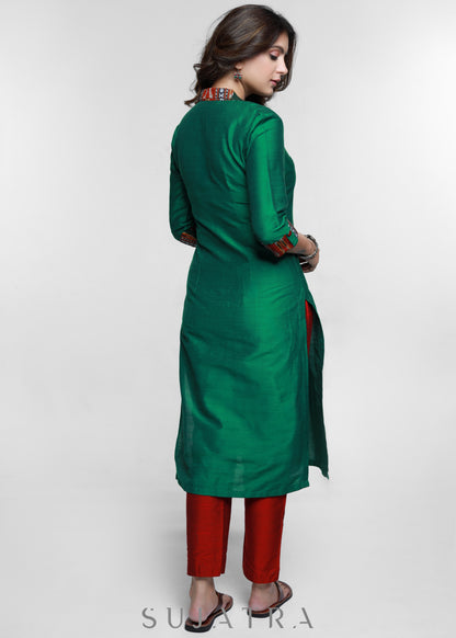 Green Cotton Silk Kurta with Ikat Collar-Pant Optional